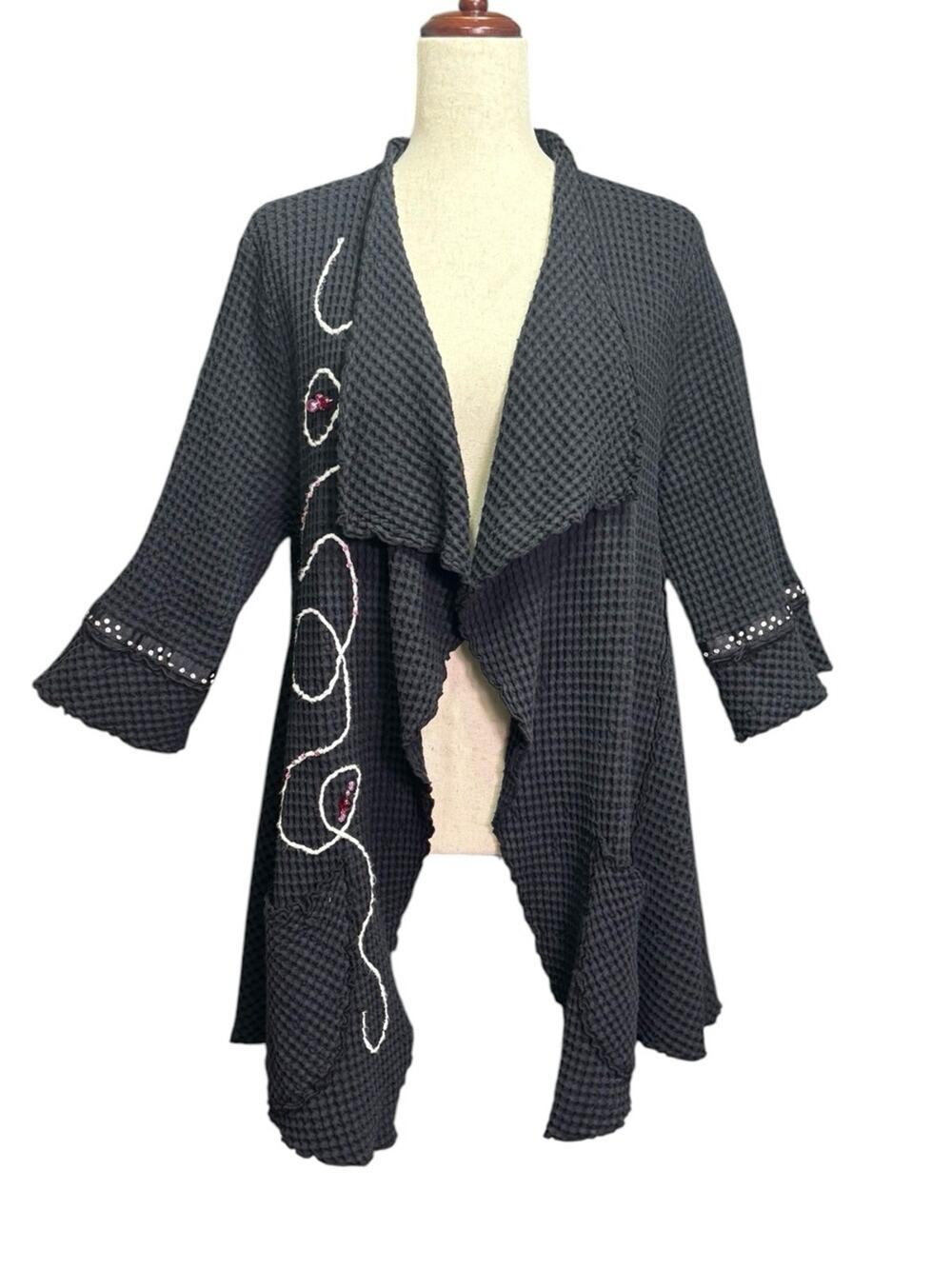 Focus Black Waffle Knit Drape Cardigan Wearable Art Boho Lagenlook Medium